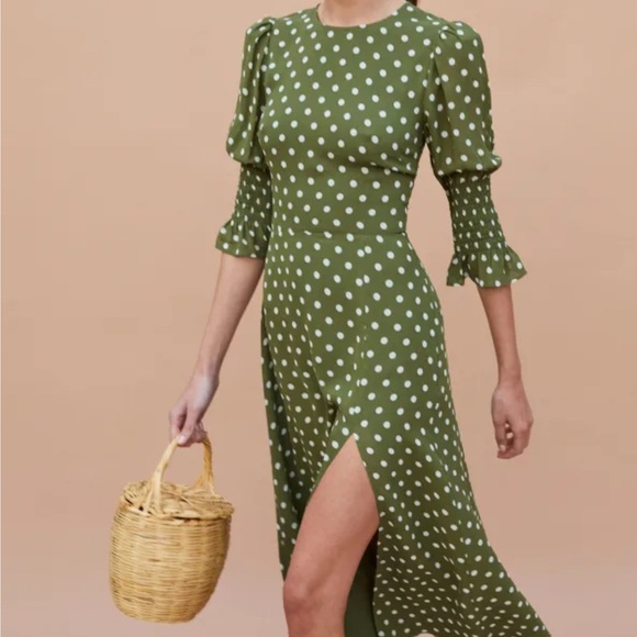 Reformation Carolena Polka Dot Midi Dress in Edamame Green - Picture 1 of 12